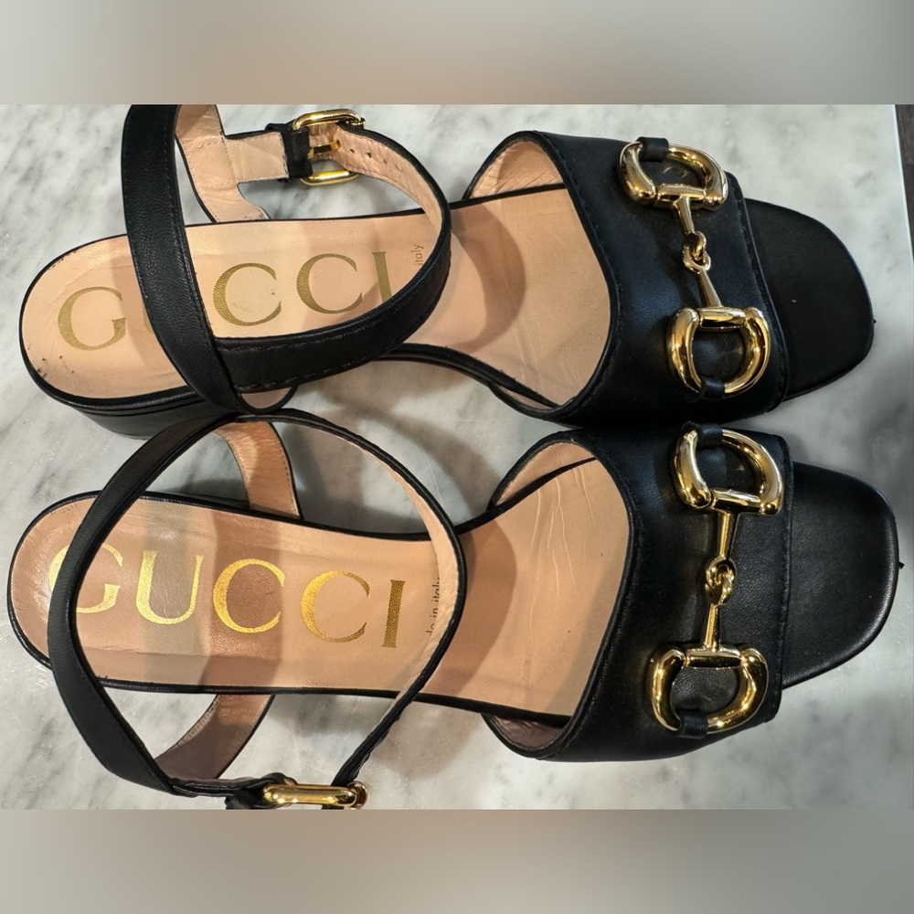 Gucci Nappa Charlotte horsebit sandals.